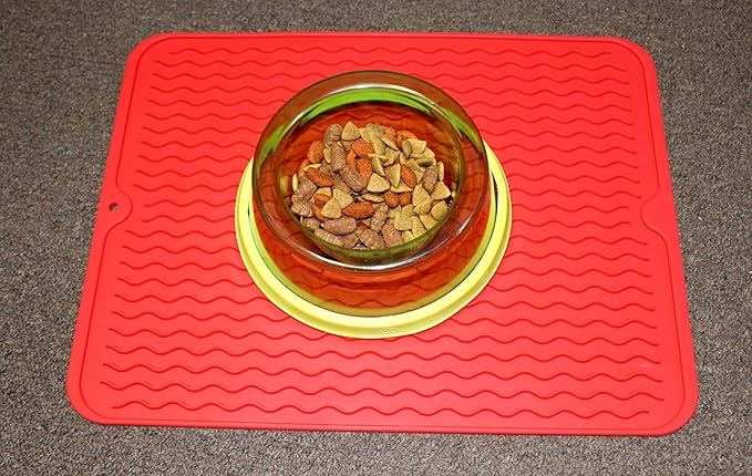 Silicone Pet Feeding Mat for Dogs, Cats, Small Animals, Non-Slip Waterproof Food and Water Mat with Raised Edge, BPA-Free Convenient Hook Storage by Dependable Industries (Red, 12 x 16 inch)