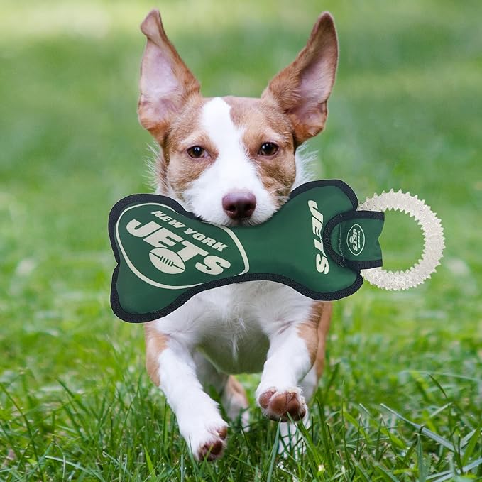 Pets First NFL New York Jets Dental Dog TUG Toy with Squeaker. Tough PET Toy for Healthy Fun, Teething, & Cleaning Pet's Teeth & Gum, Team Color
