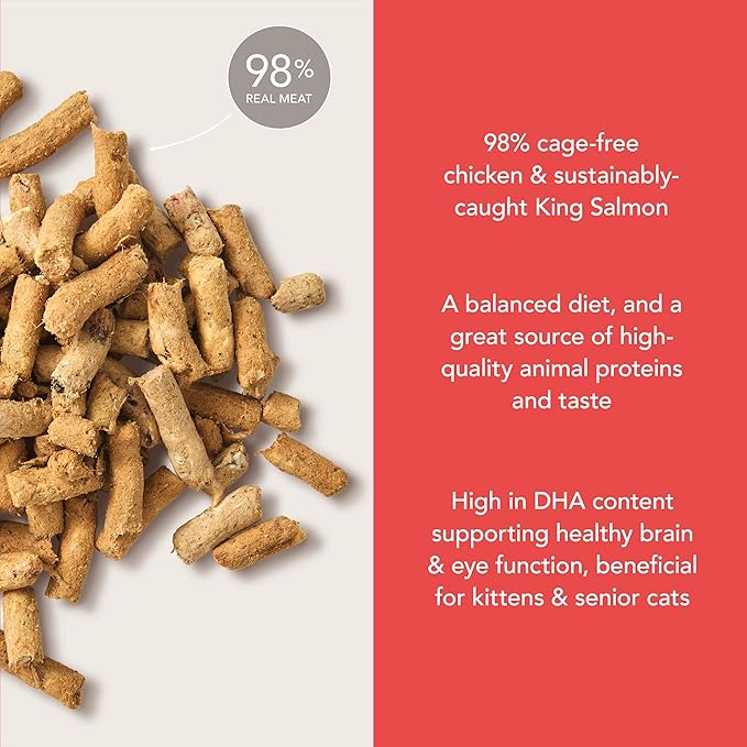 Feline Natural Freeze Dried Cat Food - Grain-Free and High Protein Cat Food from New Zealand, Complete Meal or Topper for Kittens, Adults, and Senior Cats, Chicken and King Salmon, 11oz