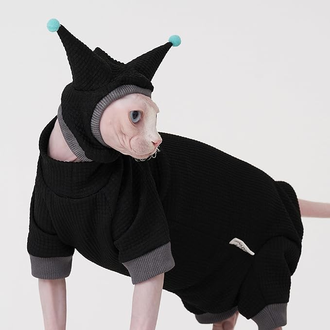 Sphynx Cat Clothes Waffle Pattern Suit, Cute Pet Hat and Shirt Set, Hairless Cat Devon Cornish Pink and Black Suit, (Small, Black)