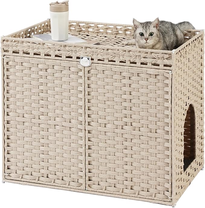 SETVSON Cat Litter Box Enclosure Furniture, Hidden Litter Box, Cat Litter Box Cabinet with 2 Litter Mats, Handwoven Rattan Large Space Cat House Indoor, Living Room, Bedroom, Apartment Light Khaki