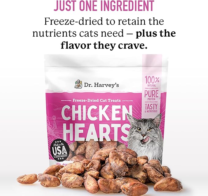 Dr. Harvey's Chicken Hearts Freeze Dried Training Cat Treats with Real Chicken Hearts for Cats, 7 Ounces