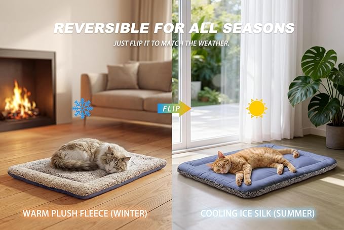 Self Warming Cat Bed, Reversible Warming Cooling Cat Bed, Winter Warm Cats Pad & Summer Cooling Cats Mat, Soft Pet Mat for Kitty & Small Dogs, Perfect for Crates, Beds, Sofas, Dark Blue, 24"x36"