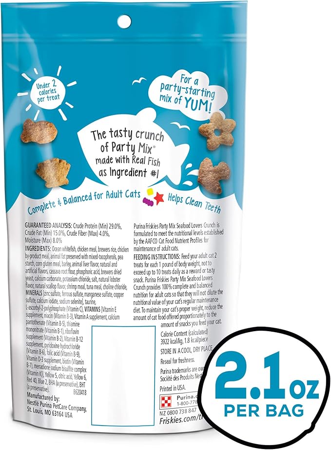 Friskies Made in USA Facilities Cat Treats, Party Mix Seafood Lovers Crunch - (10) 2.1 oz. Pouches