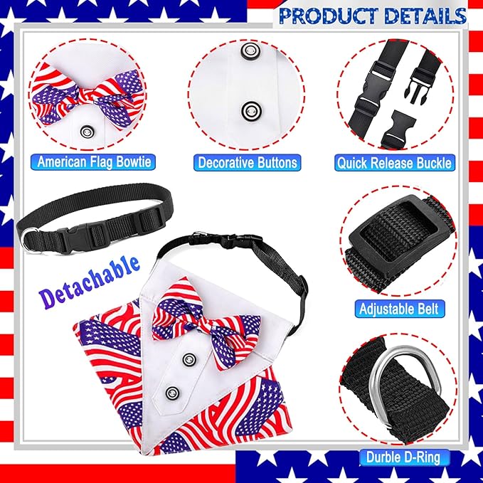 Dog Independence Day Costume 2Pcs Tux Bandana Shiny Pet Top Hat American Flag Dog Tuxedo Triangle Bibs 4th July Scarf Patriotic Holidays Outfit Dog Collar with Bow tie for Small Medium Large (Medium)