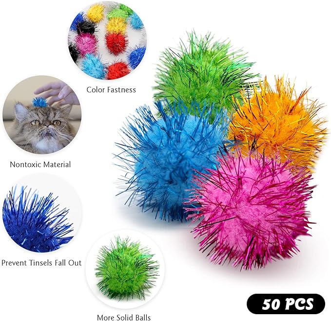 50PCS 1.5 INCH Sparkly Cat Toys Extra Large Cat's Favorite Chase Glitter Ball Toy Sparkle Pom Pom Balls