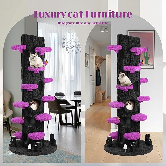 KAMABOKO 90.5" Tall Cat Tree for Indoor Cats, Large Cat Tower with Luxury Cat Condo, Cat Tree Tower with Soft Cushion, Scratching Board, Plush Platform＆ Top Perch, Purple