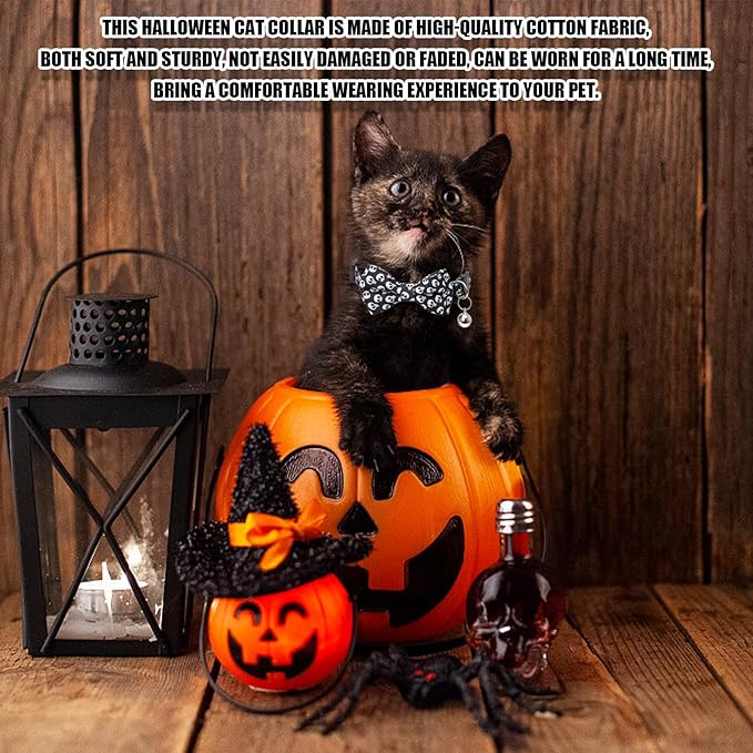 Halloween Cat Collar, Adjustable Kitten Halloween Collars with Bow Tie and Bell, Breakaway Kittens Collar for Girl Boy Cats Kittens (Black)