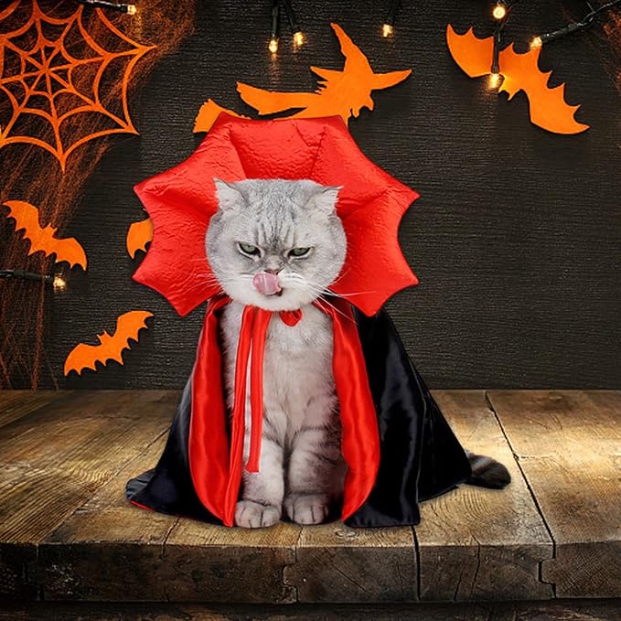 Qiansail Cat Cape Vampire Cloak Halloween Dog Costume Pet Cosplay Apparel Outfit Decor Accessories for Puppy Kitten (Black&Red)