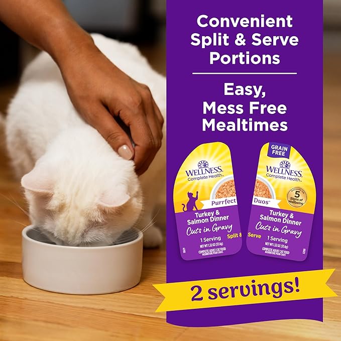 Wellness Complete Health Purrfect Duos Cuts in Gravy Adult Wet Cat Food, Natural, Protein Rich, Grain Free, Turkey and Salmon Dinner Recipe, 2.64 oz, Pack of 12 Split Cups