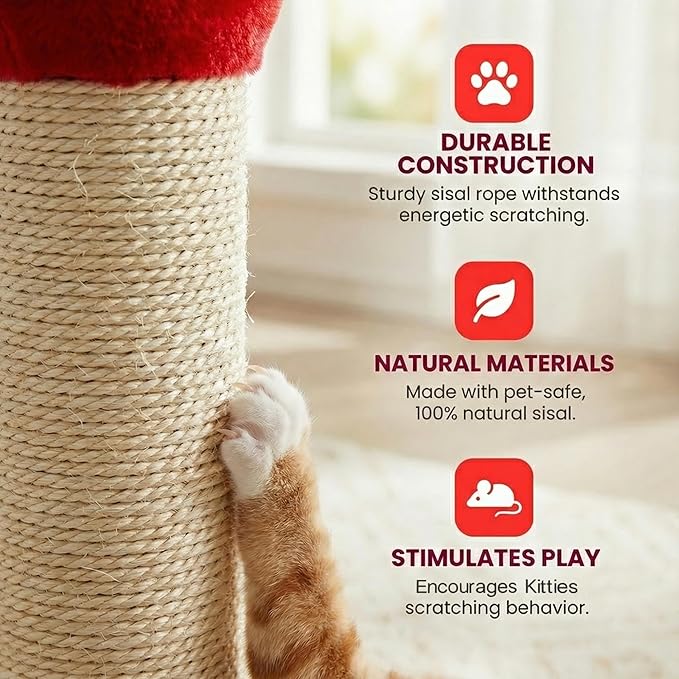 Cat Scratching Post 22'', Scratching Post with Extra Wide 12" Heavy Duty Base for Indoor Kitty, Scratching Post with Natural Sisal & Velvet Fabric for Small, Medium Cat, Red