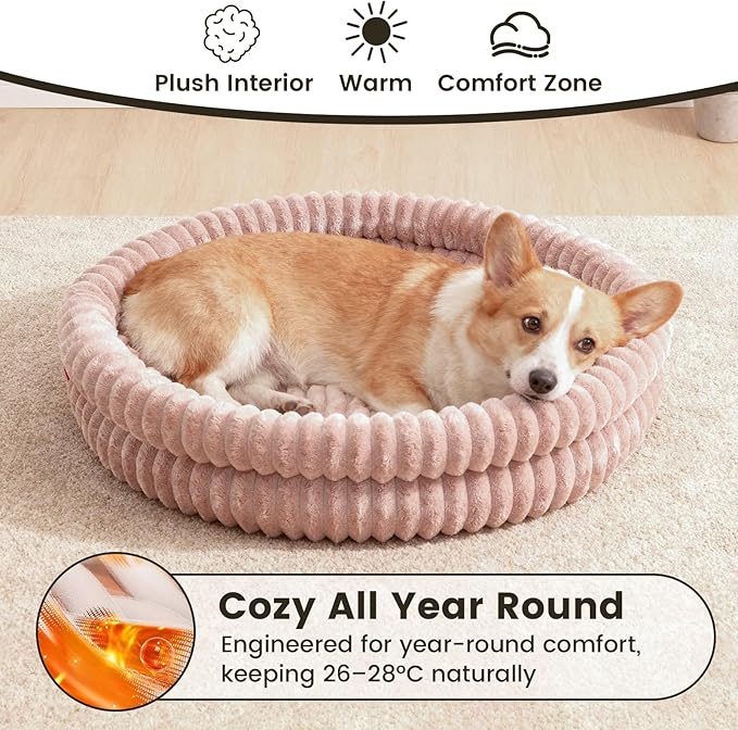 Small Dog Beds, Machine Washable Donut Cat Beds for Indoor Cats, Fluffy Warm Thermal Round Pet Bed with Anti-Slip Bottom for Puppy and Kitten, Dark Pink, 28"x28"x5"