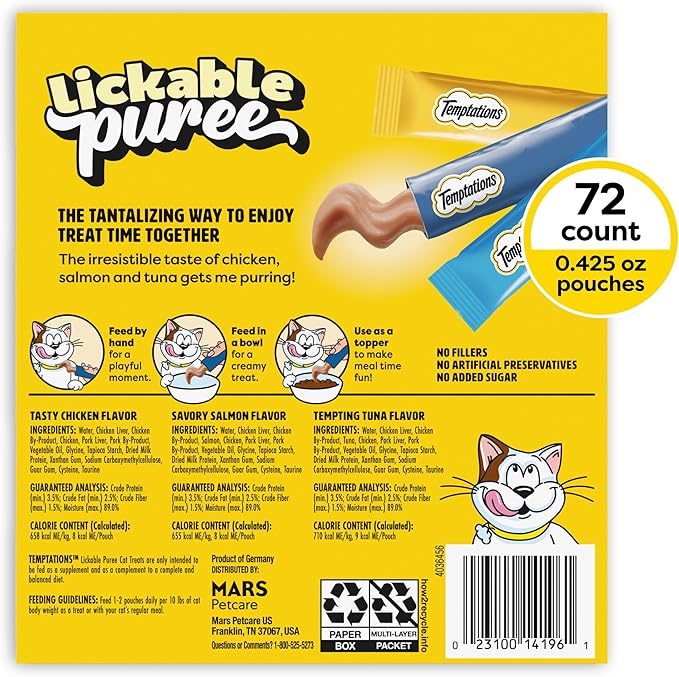 Temptations Creamy Puree Squeezable Lickable Cat Treats, Wet Cat Treats with Chicken, Salmon, and Tuna Variety Pack, 0.42 oz. Tubes, 24 Count, Pack of 3 (72 Total)