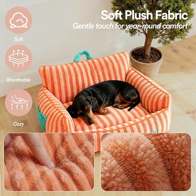ZEZE Furniture-Style Sofa Pet Bed, Washable Plush Couch Bed with Bolstered Sides & Non-Slip Bottom for Dogs & Cats, Cozy Indoor Bed (Orange, Large)