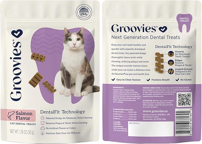 Groovies Cat Daily Dental Treats. Tasty, Crunchy Bites Cats Love. Powered by USA-Patented DentalFit Tech. No Gluten or Artificial Flavors or Colors. 1.76oz Each bag - (2 pack) of (1)Salmon & (1)Tuna