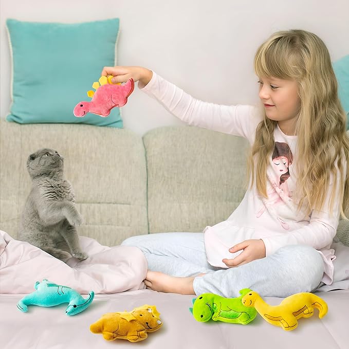MALLMALL6 5Pcs Dinosaur Catnip Toys for Cat, Indoor Cat Chew Bite Kick Catmint Pet Supplies for Kitten Lover Gifts, Interactive Pet Toy with Cute Expression