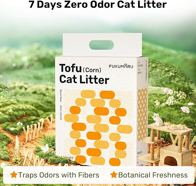 FUKUMARU Tofu Cat Litter - Natural Lightweight Bean Dregs & Corn Starch Cat Litter Pellets, Dust Free Quick Clumping, Effective Odor Control, Flushable, Low Tracking, 32lb (8lb x 4 Bags)