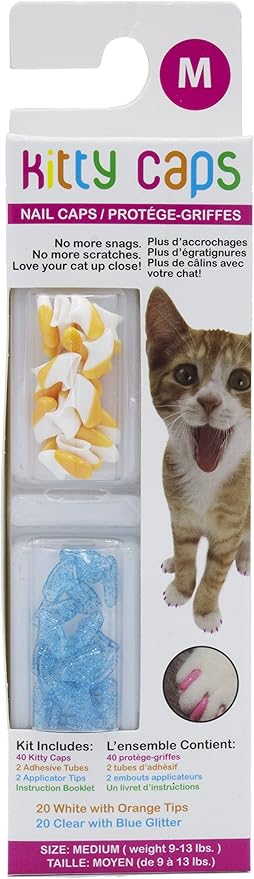 Kitty Caps Nail Caps for Cats, White with Orange & Clear with Blue Glitter - Safe, Stylish & Humane Alternative to Declawing Stops Snags & Scratches, Medium (9-13 lbs), 40 Count