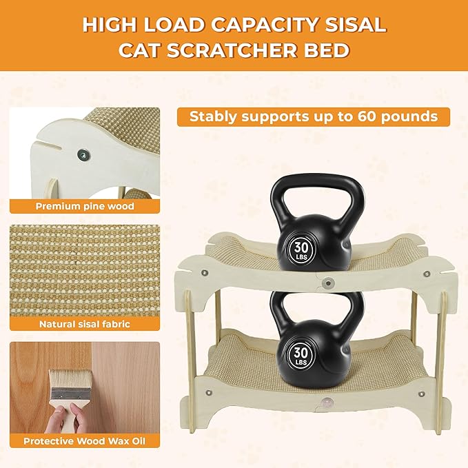 Two-Layer Sisal Cat Scratcher Bed - Large Scratching Board with Lounger Cat Scratch Pad, Sturdy Wooden Scratching Post for Indoor Kittens&Adult Cats, Easy Assemble Elevated Cats Bed Furniture