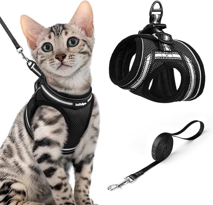 rabbitgoo Cat Harness and Leash Set for Walking Escape Proof, Adjustable Soft Kittens Vest with Reflective Strip for Cats, Comfortable Outdoor Vest, Black, XL