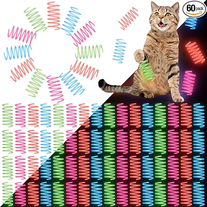 Sosation 60 Pcs Glow in The Dark Springs Cat Toys Kittens Wide Colorful Springs for Indoor Cats Jelly Color Plastic Coil Spiral Interactive Play Kitten Toys for Chase, Hunting and Exercise