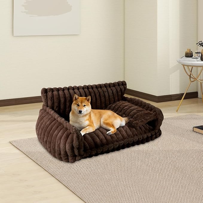 Fluffy Pet Couch Bed with Removable Washable Cover, Dark Brown Rabbit Plush Dog Cat Bed for Small Medium Pets, L Size Couch with Non-Slip Bottom and Pillow (Brown)