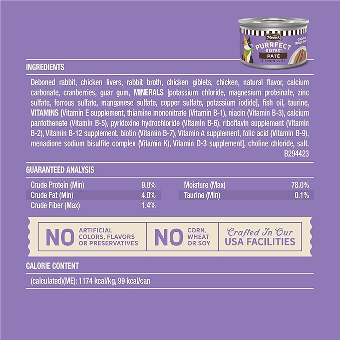 Merrick Purrfect Bistro Grain Free Wet Cat Food Rabbit Recipe Pate - (Pack of 24) 3 oz. Cans