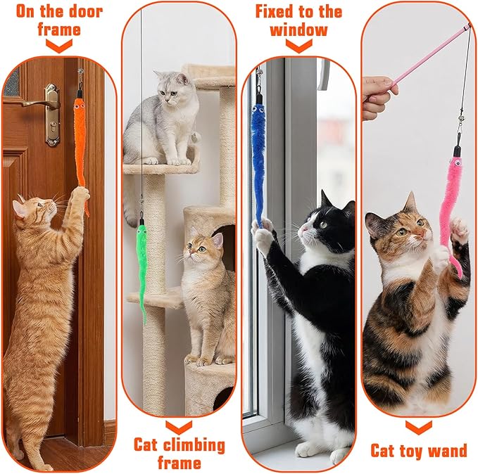 Larrel 15PCS Cat Worm Toy Replacement, Cat Wand Toy Accessories, Soft Worm Cats Toys Teaser with Bell, Fuzzy Worms Toys Attachments Replacements with Eyes for Indoor Cats and Kitten (5 Colors)