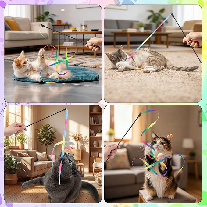 Leitee 30 Pcs Colorful Cat Wand Toys Interactive Rainbow Ribbon Fabric Teaser Wand String for Indoor Cats and Kitten Exercise Playing