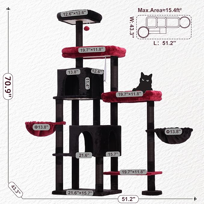 Hey-brother Cat Tree Tower, Scratching Posts with a Extended Part, Wide Platforms, Cozy Condos, Hammocks, Sisal Columns and Ball for Indoor Cats, 70.1 Inches, Black and Red MPJ038BR