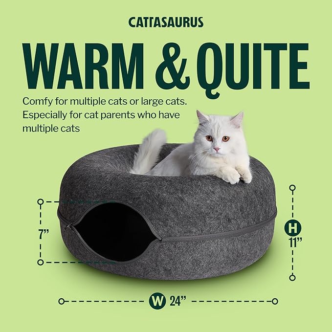 Cattasaurus Peekaboo Cat Cave for Multiple & Large Cats Up to 30-45 Lbs, Scratch Detachable & Washable Tunnel Bed, Comfy Donut Cat Cave (Dark Gray, Large)