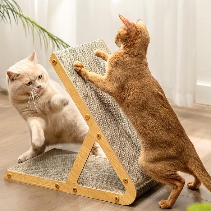Conlun A-Frame Cat Scratching Board, Recycled Cardboard & Wood Frame, Dual-Sided Vertical Horizontal Cat Scratcher for Indoor Kittens, Space-Saving Furniture Protector for Sofa Walls-Light Wood, Small