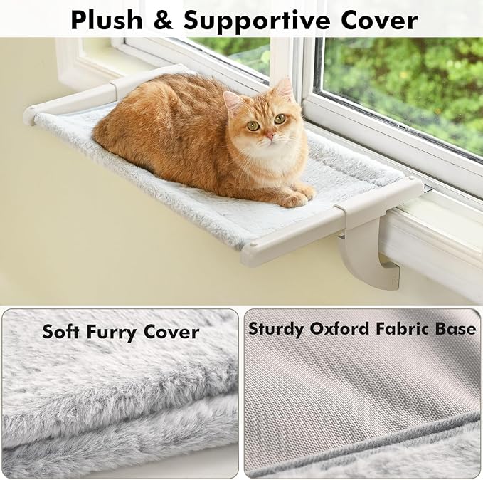 Zoratoo Window Sill Mount Cat Perch for Indoor Cats, One-Step Sliding Clamping Slot Adjustment Cat Hammock with Washable Cover, No Suction Cups Pet Bed for Windowsill & Bedside (Medium)