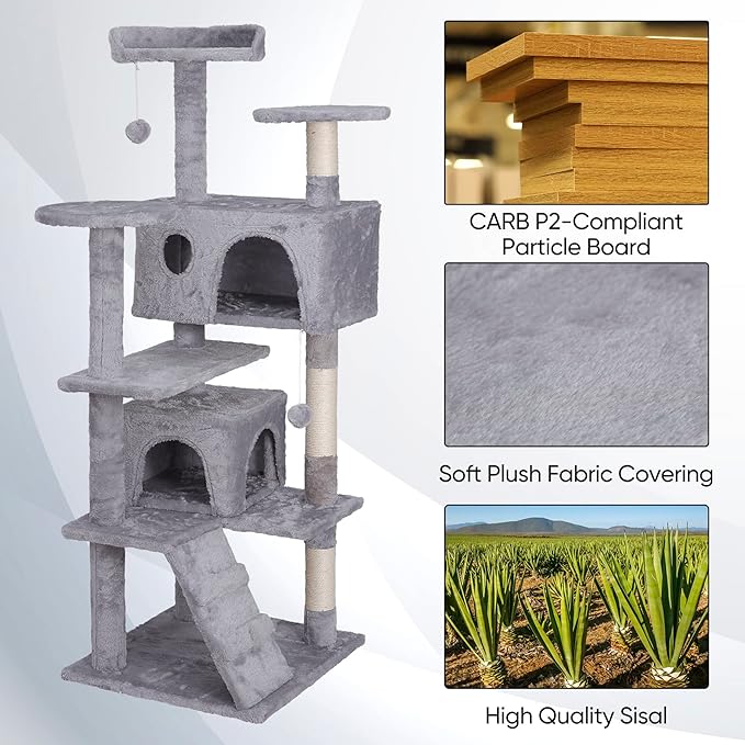53 Inches Multi-Level Cat Tree Condo Furniture Kitten Activity Play House Bed Pet Kitty Climbing Tower with Scratching Posts/Plush Perch/Scratcher Ladder/Tunnel for Cats,Kittens,Pets (Light Grey)