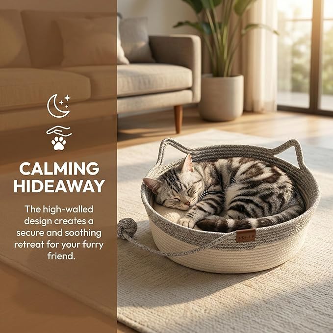 Stimulicat Hand Woven Cotton Rope Cat Bed Basket with Scratching Pad and Ball, Round Boho Pet Nest for Indoor Cats and Small Dogs, Natural Breathable, All-Season (Orange, Small)