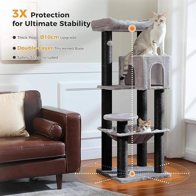 MUTTROS Large Cat Tree for Indoor Cats Large Adult, 57.8" Heavy Duty Cat Tower with Reinforced Scratching Posts (φ3.7in) and Plush Larger Hammock for Maine Coon & Big Cats, Supports 30lbs, Black
