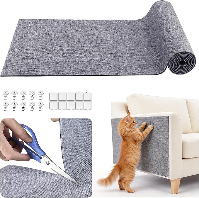 Cat Scratch Furniture Protector, 39.7"x15.7" Trimmable Self-Adhesive Cat Scratching Mat, Corner Couch Protector from Cat Claws, DIY Anti-Scratch Pad Rug for Sofa, Wall, Floor & Door, Gray