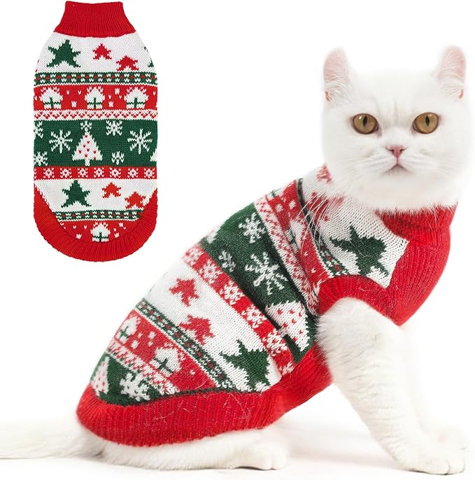 PUPTECK Christmas Cat Sweater, Soft Warm Turtleneck Pet Winter Clothes, Kitten Sweater Apparel, Knitwear Coat for Cats Puppy Outfit Cold Weather Clothes, Red&Green M