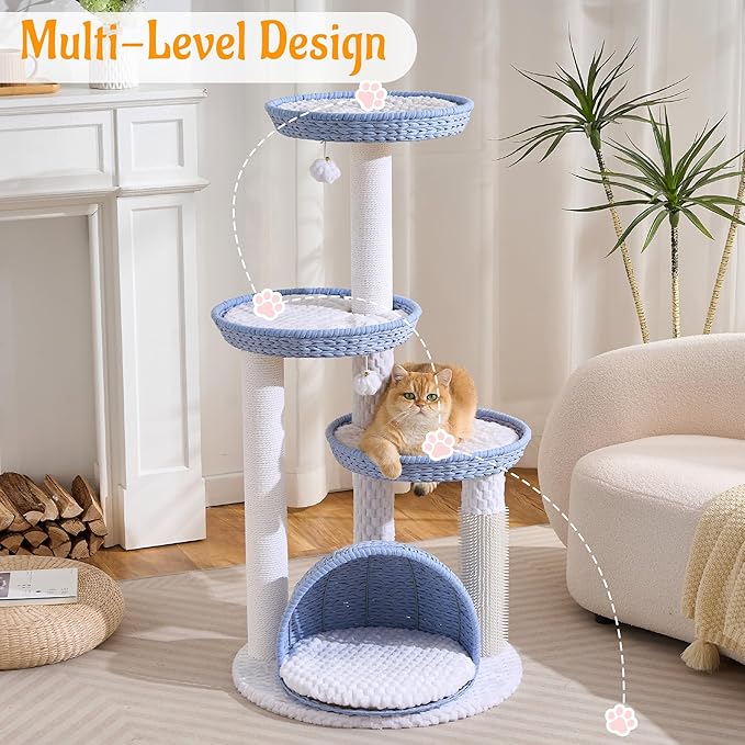 HITTITE Modern Cat Tree Tower with Scratching Post, 46 Inches Tall Cat Towers with Woven Cat Nests and Cave, Multi-Level Cat Tree With Removable Cushions and Massage Brush for Indoor Cats Large Adult.