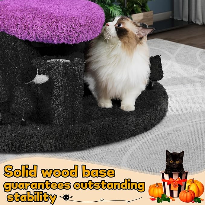 NUNU LAB Large Cat Tree for Indoor Cats, All-in-One Tall Cats Tower with Scratching Post and Plush Toys, Luxury Multi-Level Solid Wood Cat Condo for Multi-Cat Families (Purple&Black)