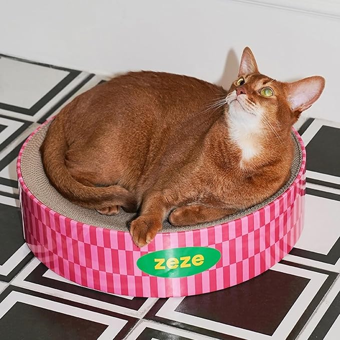 ZEZE Round Cat Scratcher Bed — Durable Corrugated Cardboard Cat Lounge, Scratch & Sleep Bowl Shape Cat Bed, Cozy Curved Design, Minimal Mess, Sturdy Edge Support (Retro Sweetheart)