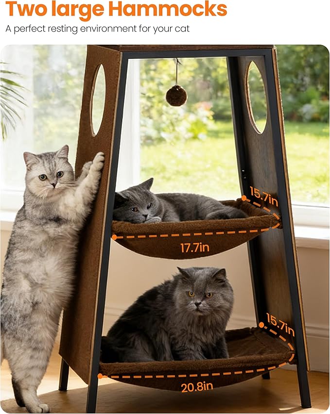 Modern Wood Cat Tree for Indoor Cats, 56 Inch Tall Cat Tower with Hammock, Multi-Level Trees with Perch Bed, 2 Hammock, Cat Condo, Scratching Board, Removable Pad, Cat Furniture, Rustic Brown
