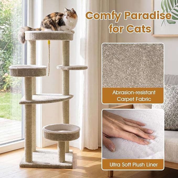 PETSITE 51-inch Modern Cat Tree, Multi-Level Cat Tower with Scratching Posts, 3 Comfy Cat Beds, and Interactive Sisal Rope, Ideal for Indoor Cats and Kittens