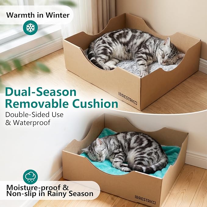 Cardboard Cat House with Replaceable Scratcher & Waterproof Cushion, 2-in-1 Cat Lounge Bed & Scratch Box, Eco-Friendly Cat Furniture Cube Cat Bed for Indoor Cats 13.8"