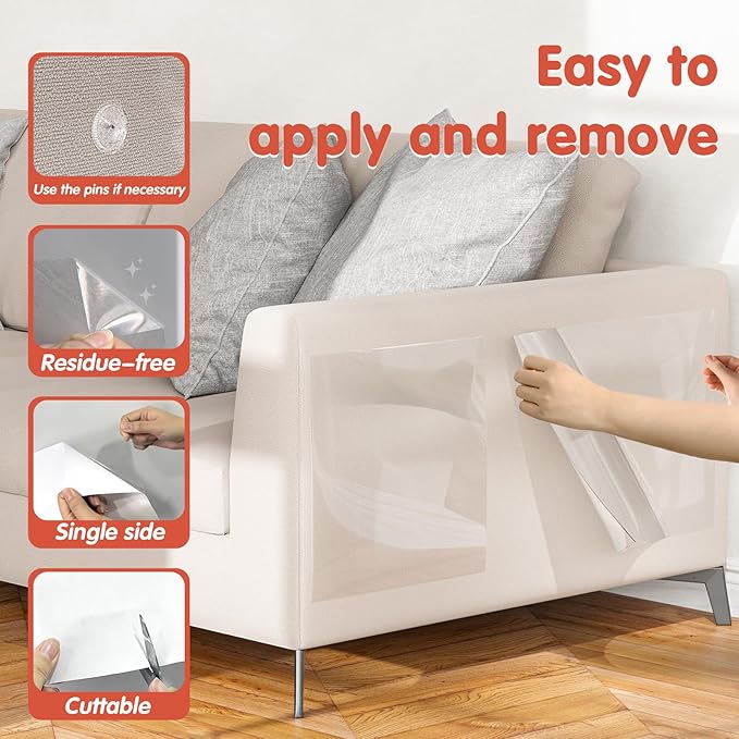 Secopad 18 PCS Large Cat Scratch Furniture Protector, Transparent Couch Protector from Cat Claws, Single-Sided Self Adhesive Anti Pet Deterrent Sofa Cover, 14IN