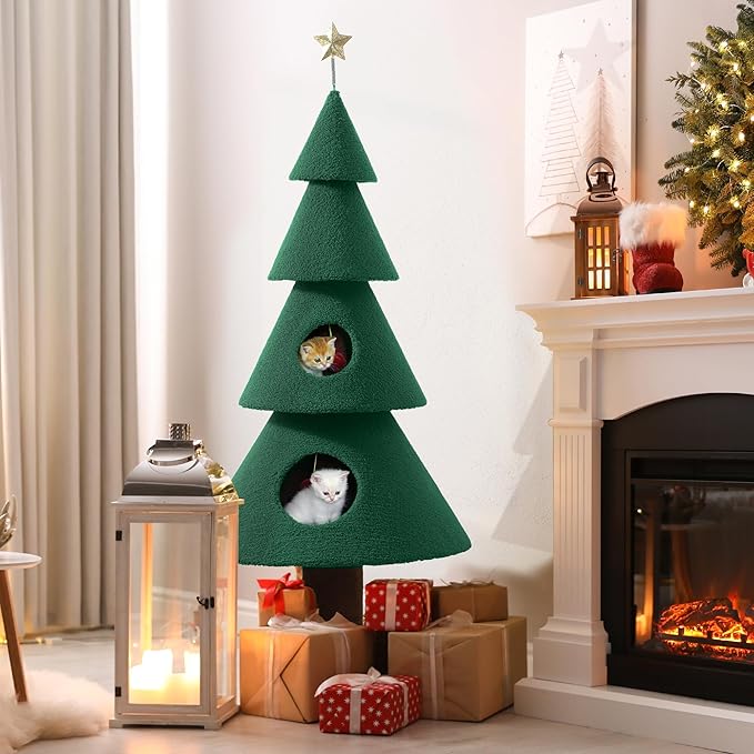 DWVO Christmas Cat Houses for Indoor Cats, Christmas Cat Tree Tower with 2 Cozy Houses, Kitty Furniture with Teaser Plaything for Christmas Decoration