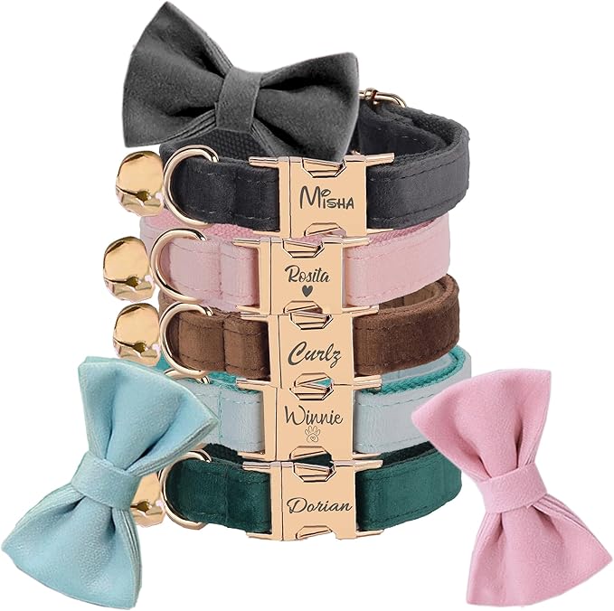 Personalized Cat Collar with Bell, Engraved Text and Icon, Matching Bow Tie Option, Fancy Velvet Pet Collar with Metal Buckle, Options, Custom Gift for Kitten