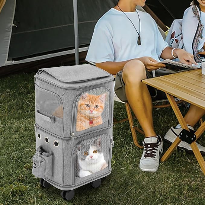 Double-Compartment Pet Carrier Backpack with Wheels for Small Cats and Dogs, Cat Rolling Carrier for 2 Cats, Perfect for Traveling/Taking a Walk/Trips to The Vet,for Up to 22 LBS (Grey)
