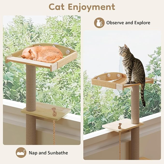 Yafylly Cat Window Perch with Scratching Post & Step, 47" Adjustable Window Perch for Large Cats, Cat Hammock for Window with Suction Cups, Multi-Level Cat Tree for Climbing, Sunbath, Bird Watching