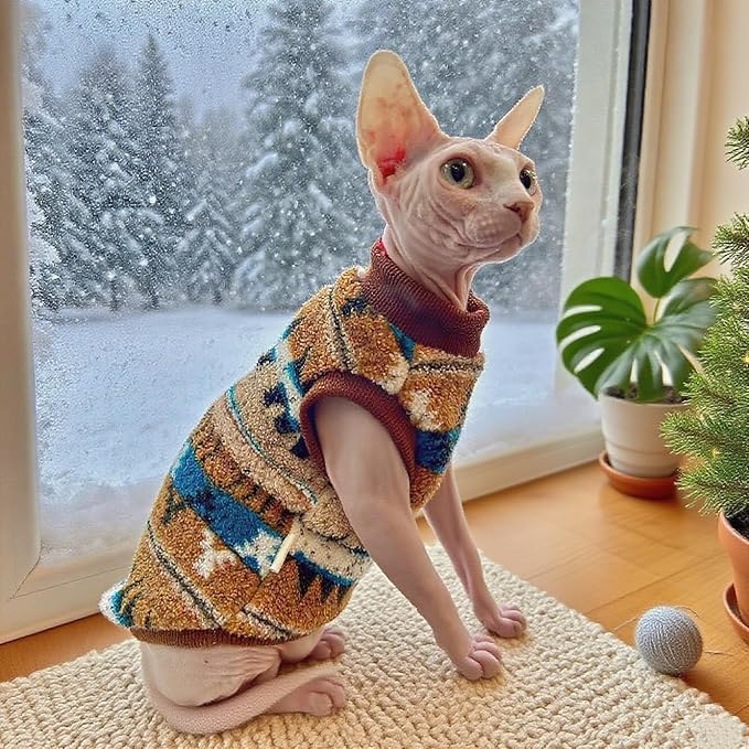 Sphynx Cat Winter Sweater, Warm Soft Fluffy Pet Clothes, for Hairless Cats, Cornish Rex, Devon Rex (Orange, XXL (9.5-12 lbs))